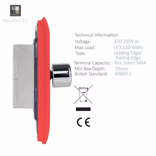 Trendi Switch 4 Gang 1 or 2 Way 150w Rotary LED Dimmer Light Switch in Red – 3