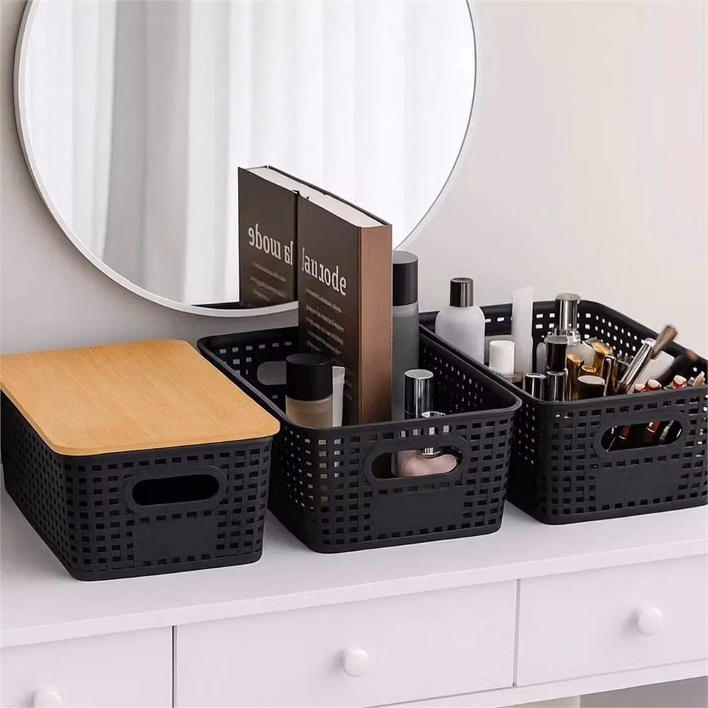 VOGREX 6 Piece Black Plastic Stackable Storage Bins with Bamboo Lids – 5