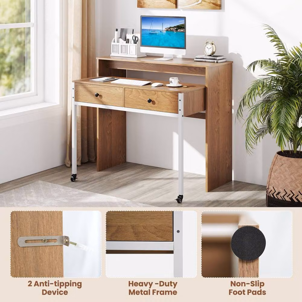 Costway Extendable Modern Computer Desk with Drawers and Castors in Brown – 5