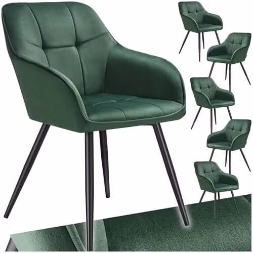 tectake Marilyn Set of 6 Modern Dining Chairs with Velvet Fabric and Geometric Pattern in Dark Green and Black