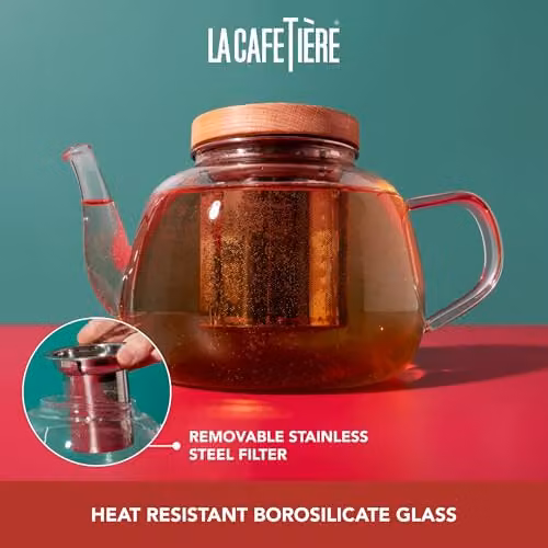 La Cafetiere Rialto Glass Infuser Teapot with Stainless Steel Filter and Wooden Lid, Transparent, 1.2 l – 2