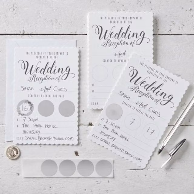 KDMD White and Silver Scratch The Date Wedding Evening Invitations with Scratch and Reveal Feature