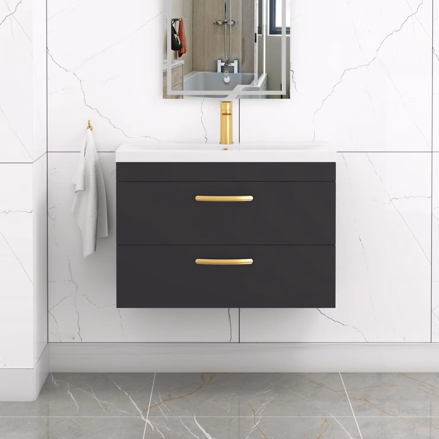 Royal Bathrooms Turin 800mm Wall Hung Vanity Unit in Matt Black with 2 Drawers and Mid-Edge Basin featuring Brushed Brass Handles