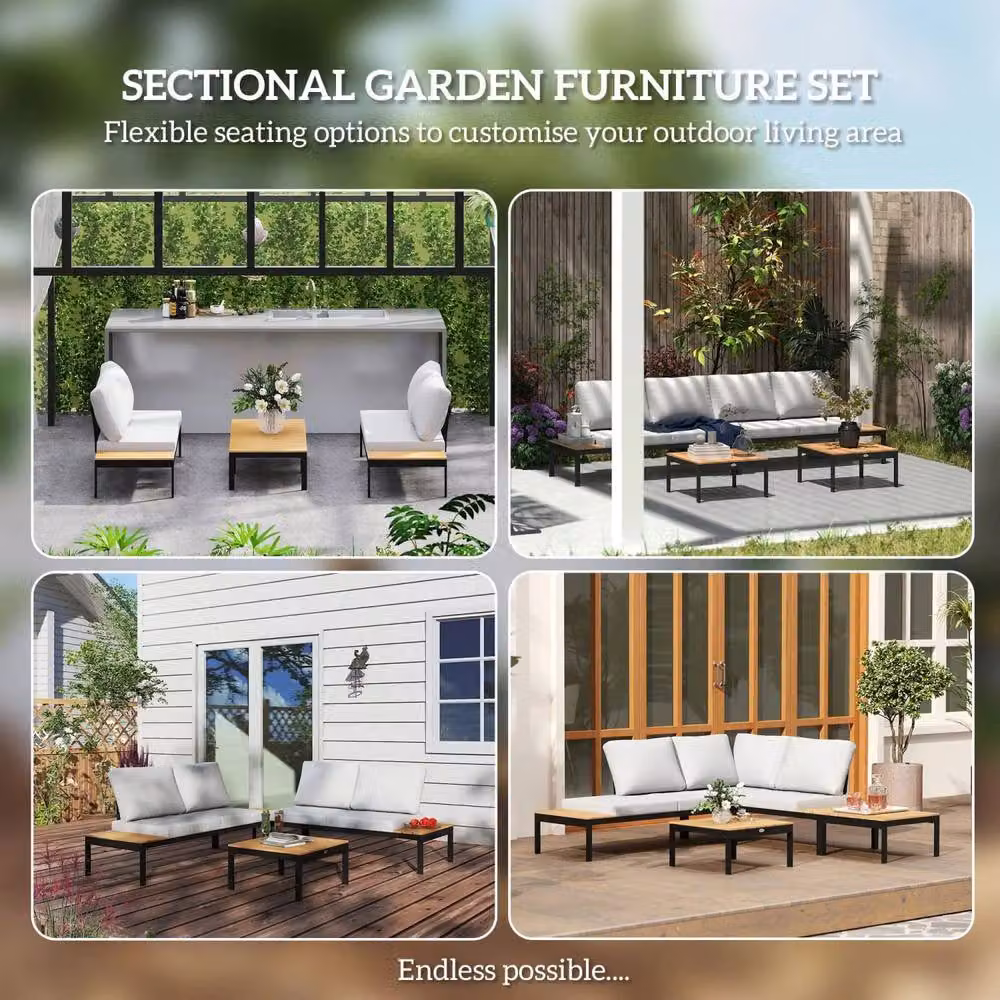 Wyld Haus Matuki Teak Wood 4 Seater Modular Garden Corner Sofa Set with 2 Coffee Tables in Grey and Black – 4