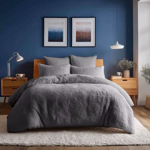 Home Sweet Home UK Teddy Bear Fleece Soft Cosy Duvet Cover and Pillowcase Set in Silver, W/D/H: 140 x 200 cm and 50 x 75 cm – 3