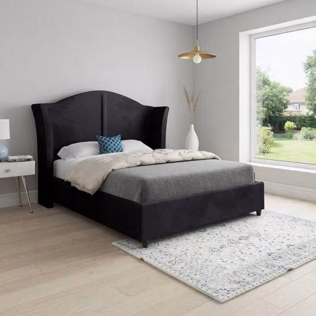 Casani Tissington Small Single Curved Winged Designer Bed Frame in Black Soft Velvet