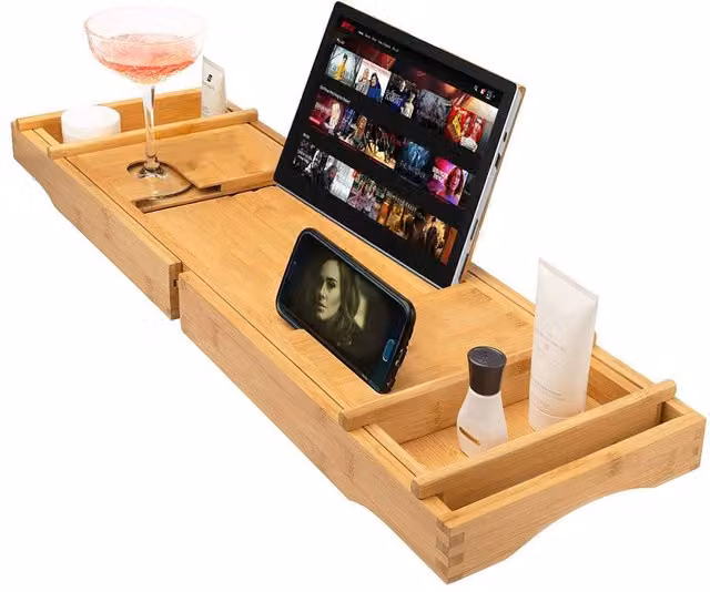 Simpa Bamboo Multifunction Extendable Bathtub Caddy Tray in Beige – 1