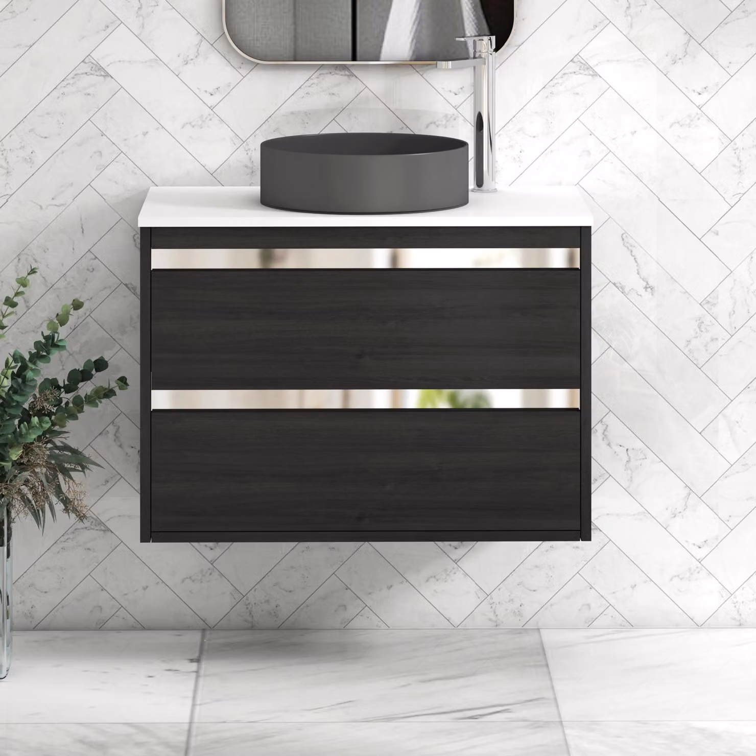 Royal Bathrooms Orion 800mm Hale Black Wall Hung Vanity Unit with 2 Drawers and White Art Round Basin with Chrome Accent Trim
