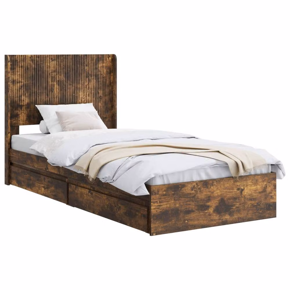 Berkfield Home Modern Bed Frame with Headboard and Lift-Up Storage in Smoked Oak Brown, W/D/H: 90 x 190 cm – 2