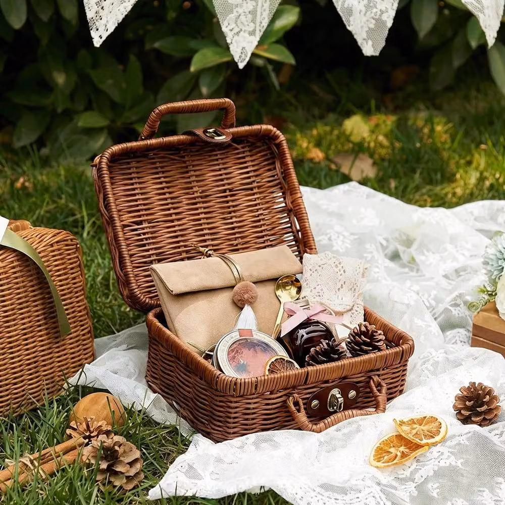 FLAVORA L Woven Rattan Style Open Weave Basket with Handles in Brown, W/D/H: 35.0 x 25.0 x 25.0 cm – 3