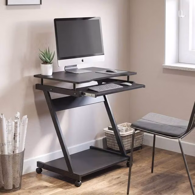 STILVORA Modern Computer Desk with Castors and Keyboard Tray in Black – 1