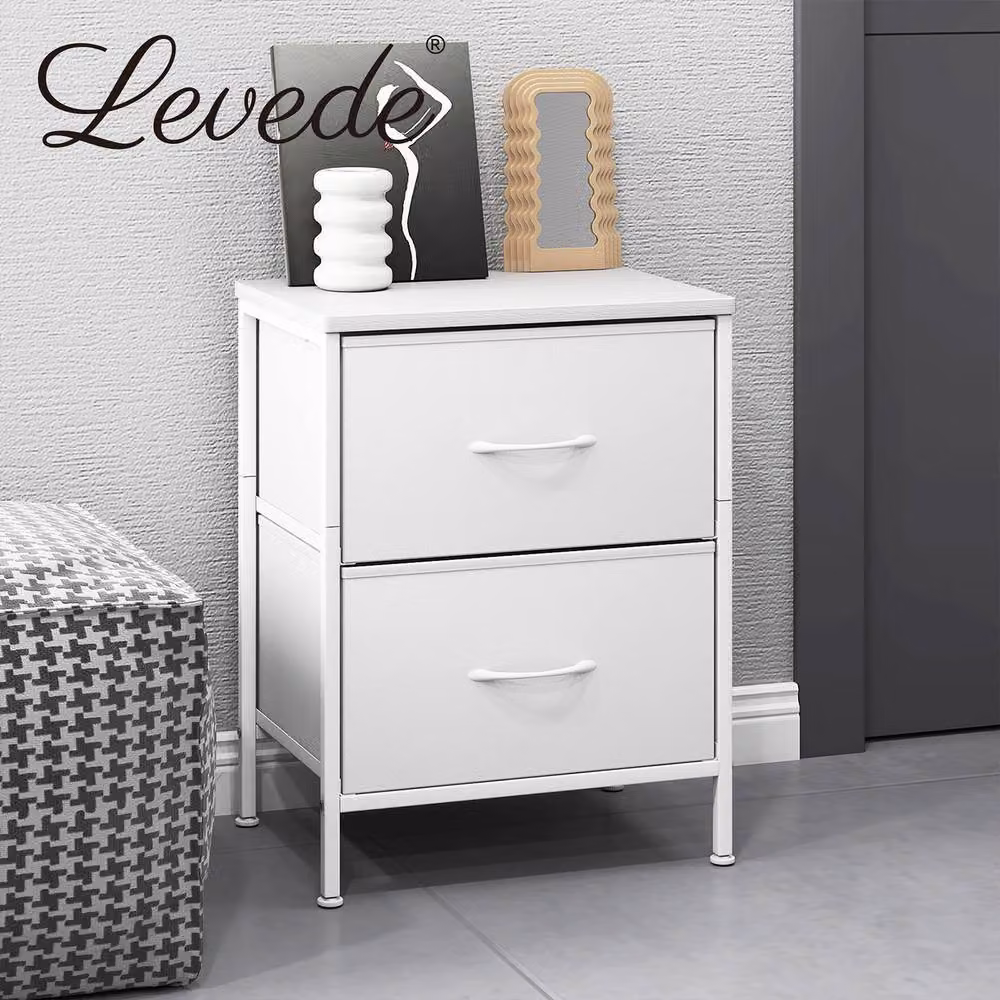 Levede White Bedside Table with 2 Fabric Drawers and Storage Shelf – 3