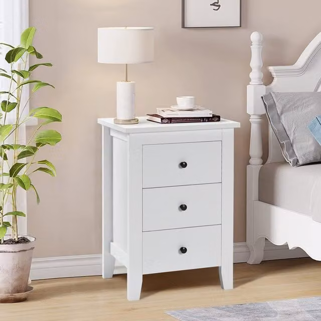 COSTWAY Modern White Bedside Table Nightstand with 3 Drawers