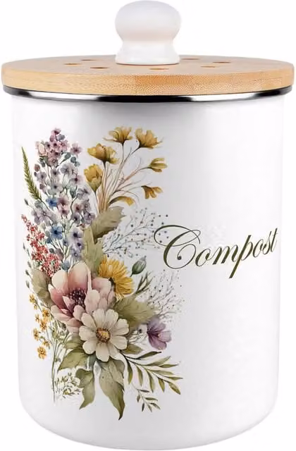 Purely Home Flower Bouquet Compost Caddy - Green and White Metal Kitchen Food Waste Bin with Removable Inner Bucket and Odour Filter, 2 L