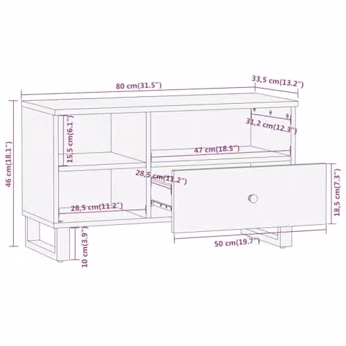 vidaXL Modern Geometric TV Cabinet in Brown and Black, Solid Mango Wood and Metal, W: 80 cm, D: 33.5 cm, H: 46 cm – 3