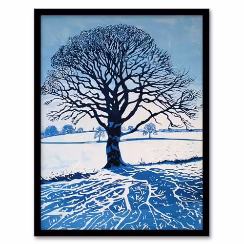 Artery8 Winter Oak Tree Silhouette Snow Field Landscape Framed Wall Art Print, White and Blue, W: 29.7 cm, H: 32.3 cm – 1