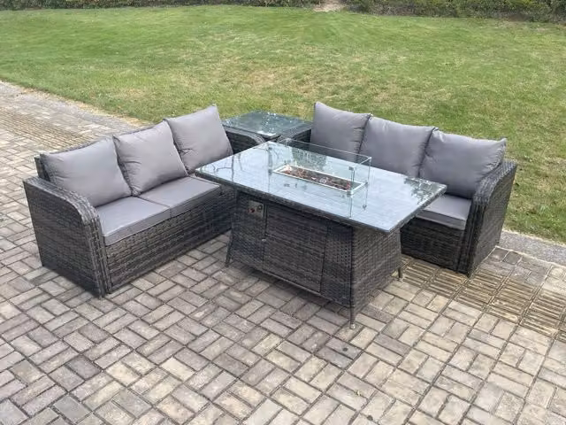 Fimous 4 Piece Rattan Garden Furniture Set with Fire Pit Table in Dark Grey