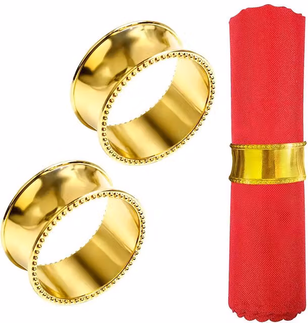 Neel Blue Gold Beaded Rim Napkin Rings, 6-Piece Set of Metal Serviette Holders