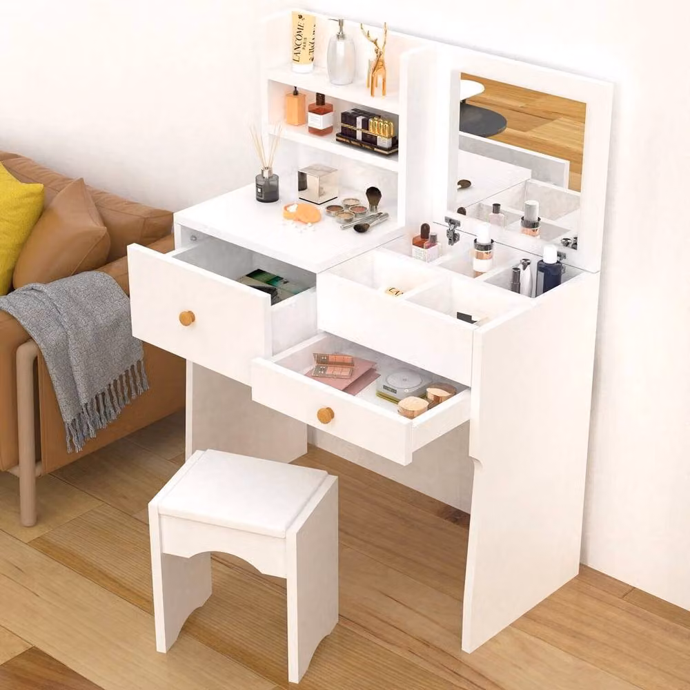 SPETLEK Modern Dressing Table with Tri-fold Mirror in White Matt Finish – 4