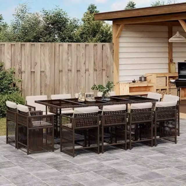 Berkfield Home 13 Piece Brown Poly Rattan Garden Dining Set with Cushions and Glass Tabletop – 1