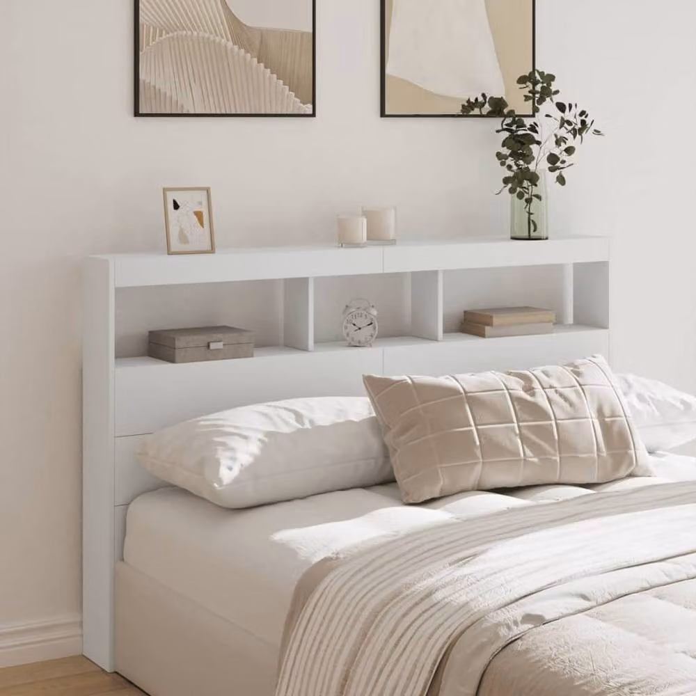 Berkfield Home Modern White Headboard Cabinet with Integrated LED Lighting and USB Charging Port, W/D/H: 160 x 17 x 102 cm – 2
