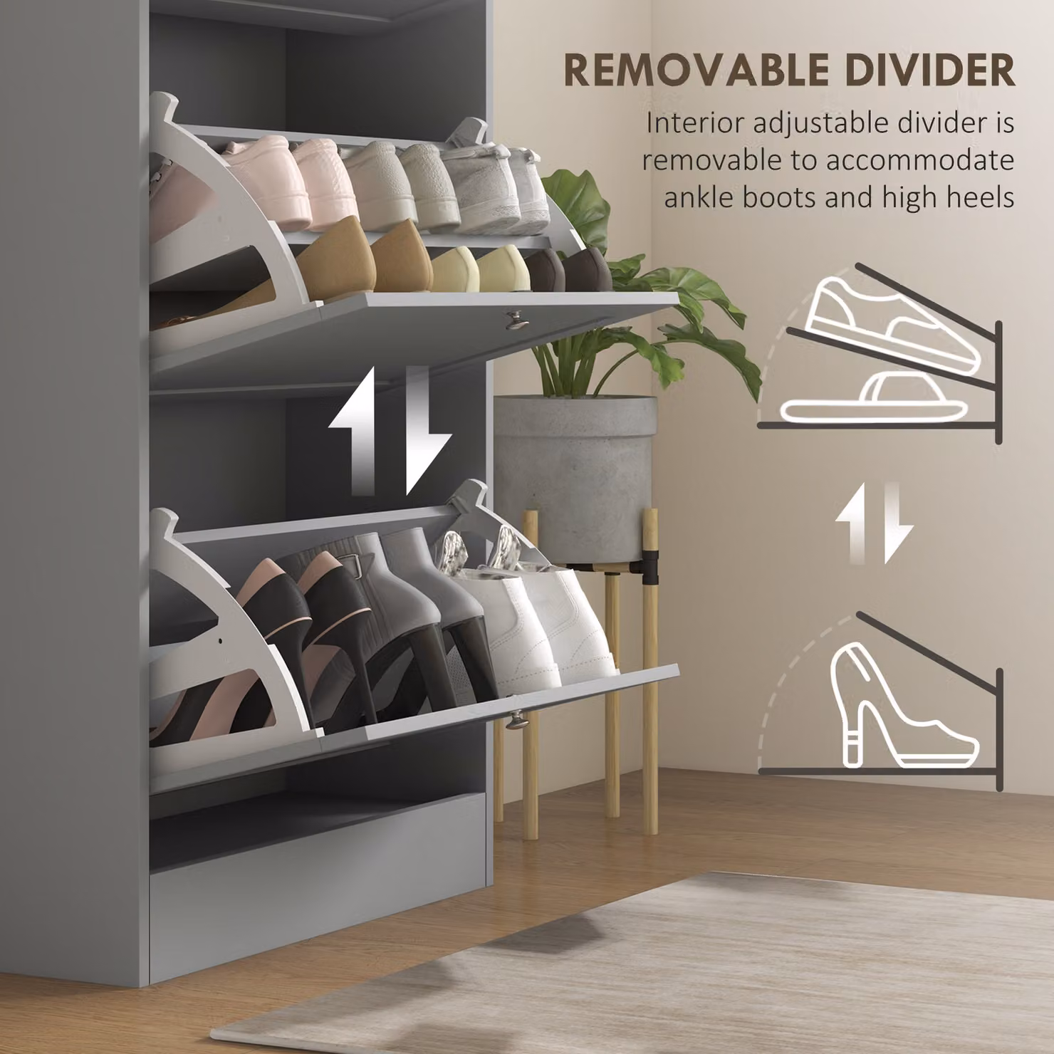 HOMCOM Modern Grey Compact Shoe Storage Cabinet with Tilting Compartments and Internal Shelves – 4