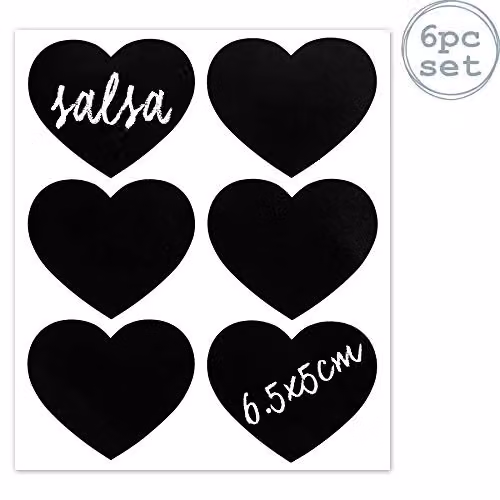 Nicola Spring Heart Shaped Storage Jar Labels, Black, Pack of 6, 6.5 x 5 cm