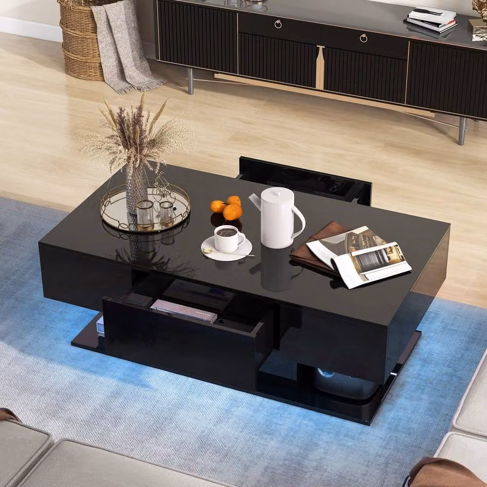 Gymax Modern High Glossy 2-Tier Rectangular Coffee Table with LED Lights in Black – 7