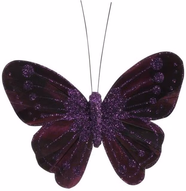Kingsbury Gifts Pack of 12 Dark Purple Glitter Feather Butterflies
