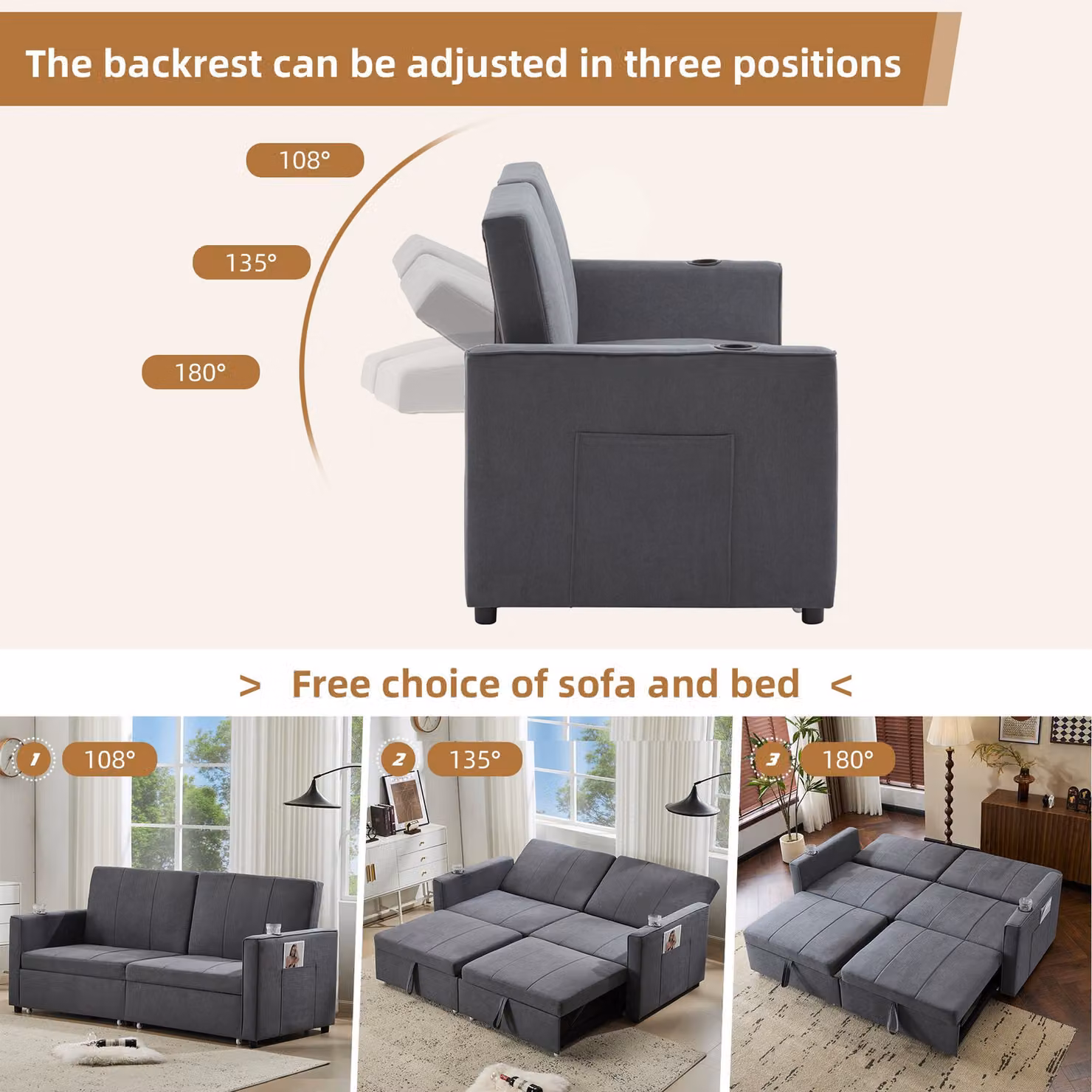 Aosom UK Modern Convertible Fabric Sofa Chair with Cup Holders and Side Pockets, King Size Pull Out Sofa Bed, Grey, W/D/H: 87 x 207 x 96 cm – 6