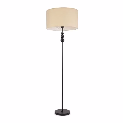 ValueLights Black Stacked Ball Floor Lamp with Beige Fabric Drum Shade