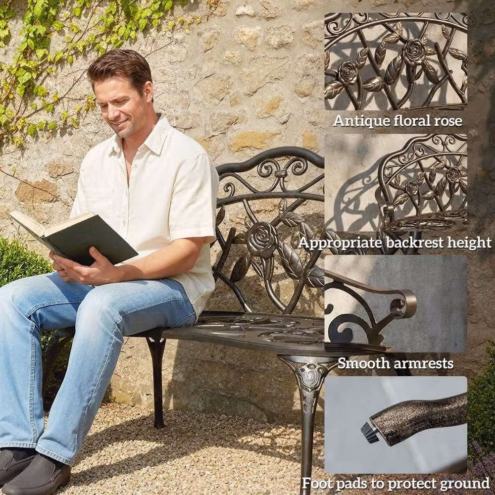 Outsunny Vintage Rose Style Cast Aluminium Garden Bench in Bronze Tone, W/D/H: 78 x 54 x 54 cm – 10