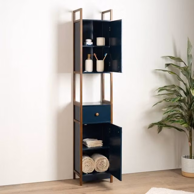 Scottish Everlastings Ltd Tall Navy Blue Bamboo Bathroom Unit with Hinged Doors and Internal Shelves, H 165 x W 29 x D 32 cm – 1