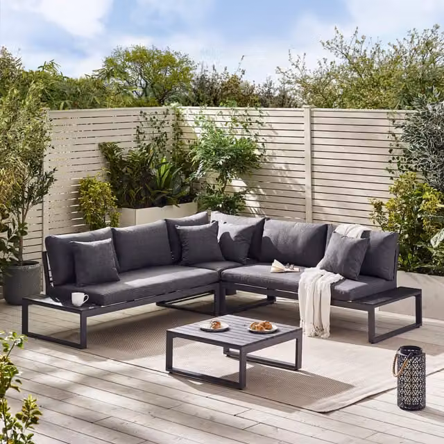 FurnitureboxUK Dubai 6 Seater Modern Outdoor Corner Sofa and Table Set in White and Grey Metal and Wood