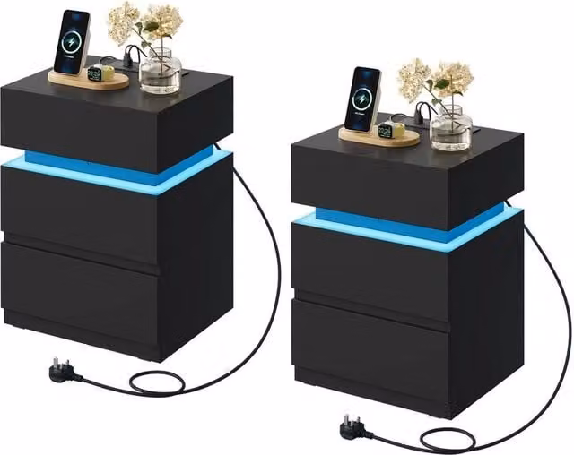 FORGEVIO Modern Black Bedside Table Nightstand with 2 Drawers and Integrated Charging Station