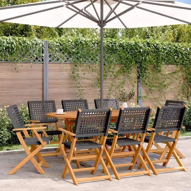 Berkfield Home Set of 8 Folding Garden Chairs in Black Poly Rattan and Acacia Wood – 1