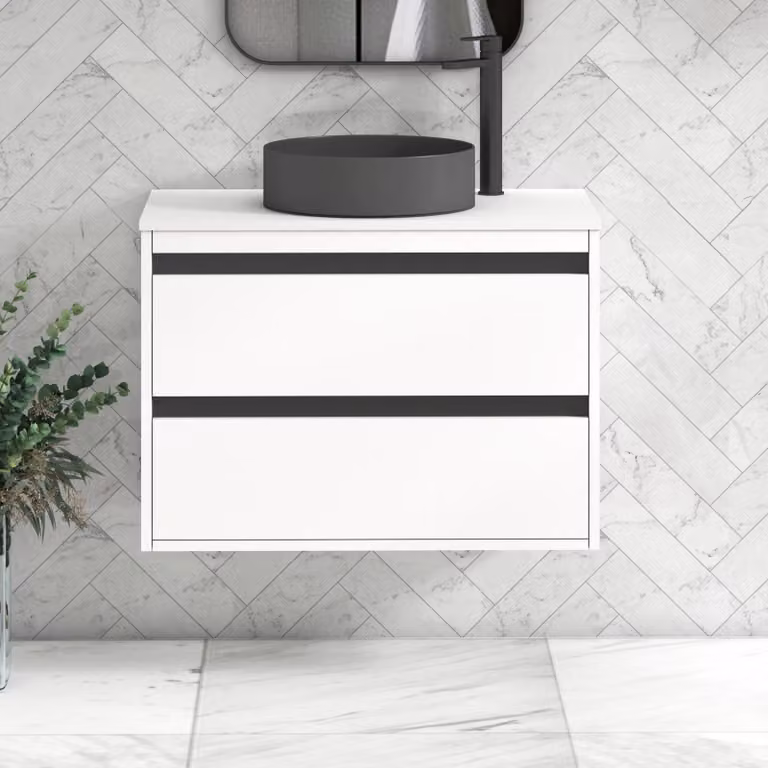 Royal Bathrooms Orion 800mm Matt White Wall Hung 2 Drawer Vanity Unit with Art Round Basin and Black Accent Trim