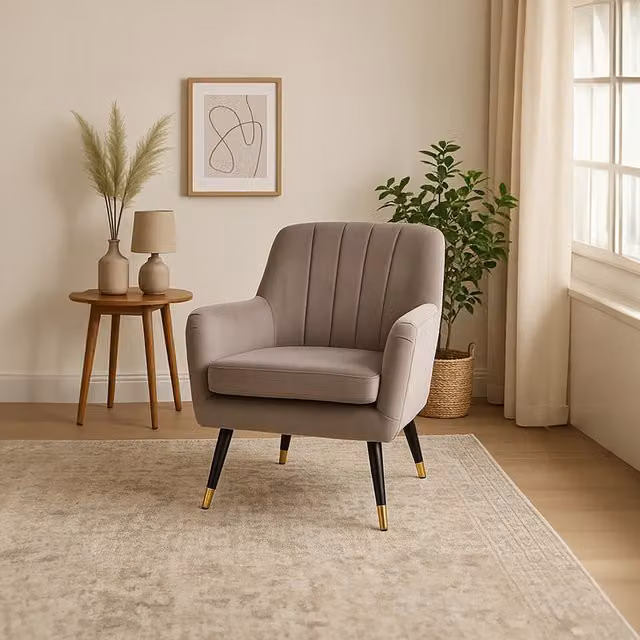 Orsina Loretta Mink Velvet Tub Accent Chair with Armrests and Black Metal Legs