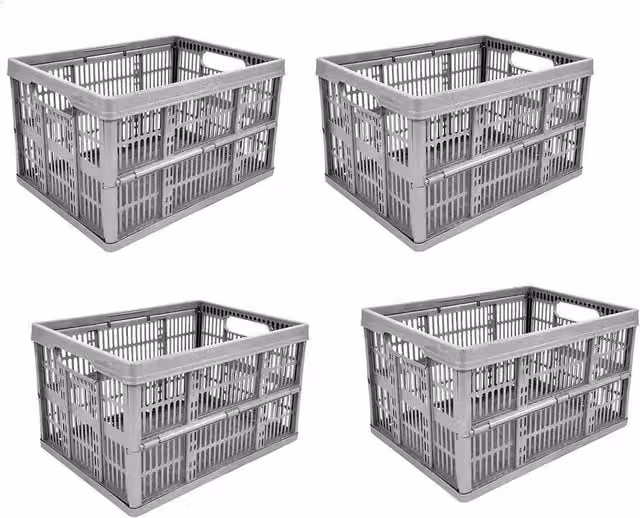 SPETLEK Set of 4 Large Grey Folding Collapsible Plastic Storage Crates, Stackable and Slatted