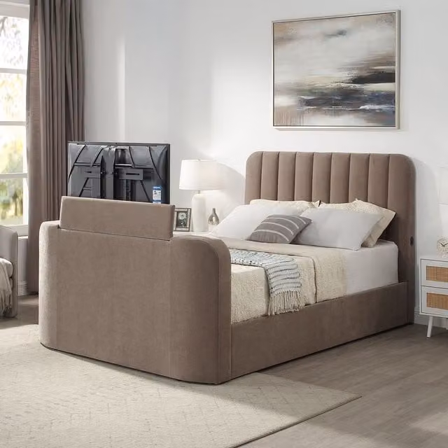 Aspire Cresta Curved Chenille TV Bed with Ottoman Lift Up Storage in Beige