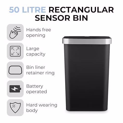 Tower Rectangular ABS Sensor Bin with Bin Liner Retainer Ring, 50L, Black, W/D/H: 38.0 x 26.0 x 63.5 cm – 2