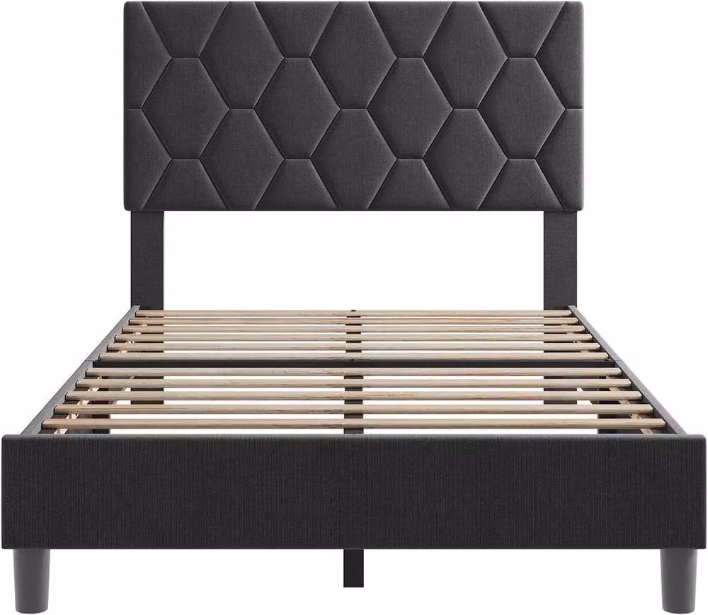 London Boutique Modern Single Platform Bed Frame with Upholstered Headboard in Grey – 5