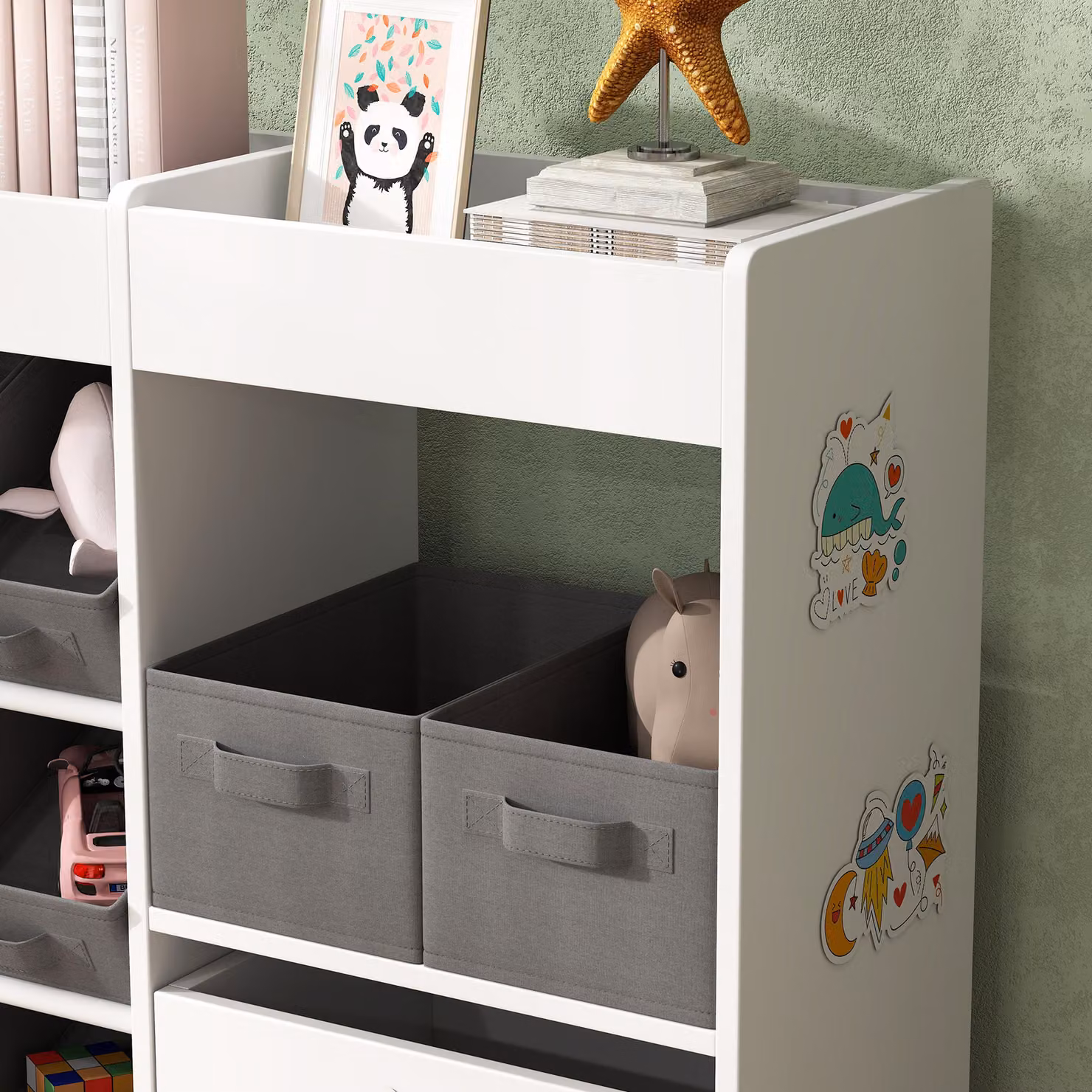 AIYAPLAY Kids Toy Storage Unit with 11 Bins, Cabinet and Top Shelves, White – 7
