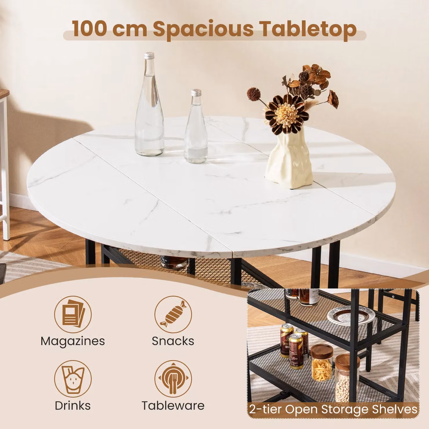 Gymax Modern Round Kitchen Dining Table with Drop Leaf Tabletop in White, Diameter: 100 cm – 3