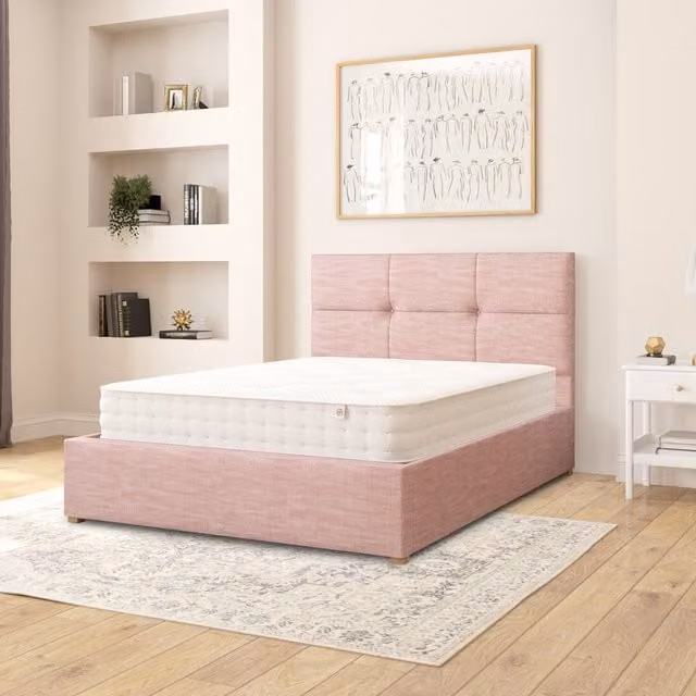 Aspire Caine Upholstered Cotton Ottoman Storage Bed in Pink, W/D/H: 180 x 200 cm