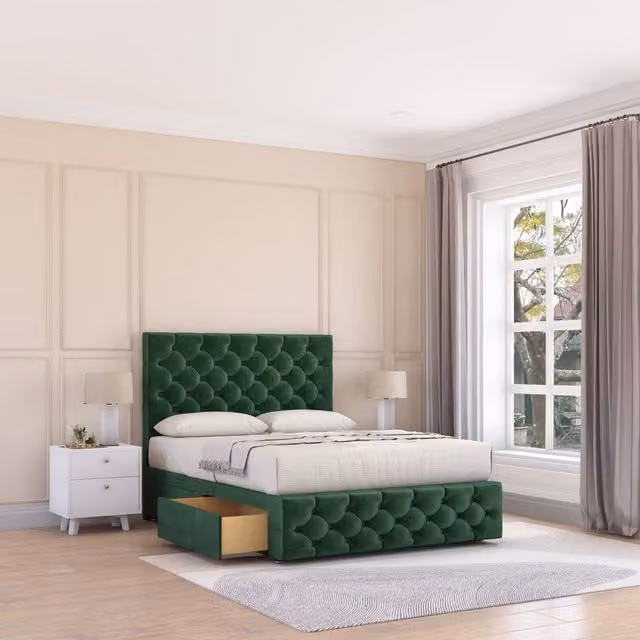 Sloomy Watson Chesterfield Divan Bed Base and Headboard in Green Velvet, W/D/H: 140 x 200 cm