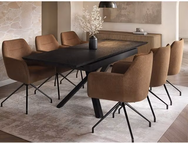 Solace+Co Lexi & Isla Extendable Dining Set with 6 Swivel Chairs, Brown and Black Ceramic Table