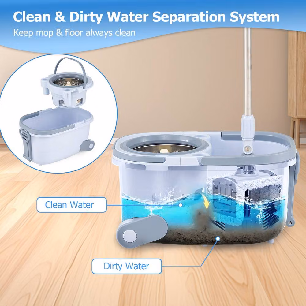 Costway Spin Mop and Bucket Set in Blue with Rectangular and Round Microfibre Mops, Dual Tank, Telescopic Handle and 14 Pads – 2