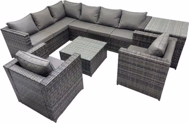 Fimous Dark Grey Mixed Rattan L-Shape Garden Sofa Set with Coffee Table and Upholstered Cushions