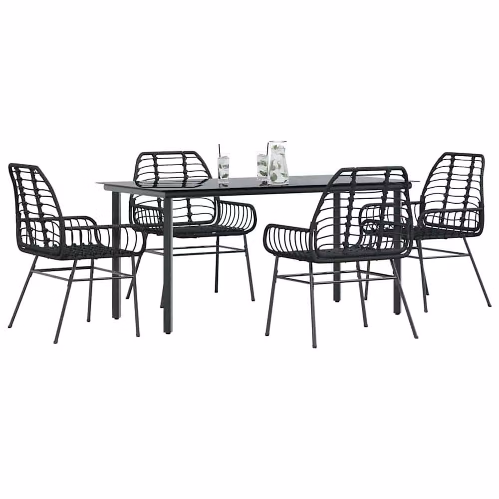 Berkfield Home Beautiful 5 Piece Black Poly Rattan Garden Dining Set with Glass Tabletop – 2